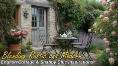 an english cottage and shabby chic inspired garden with pink roses in the foreground