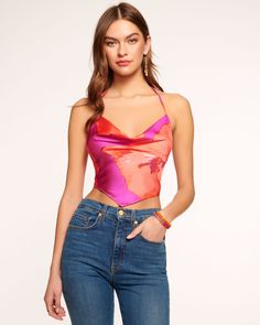 Karo Cowl Neck Halter Top Chic Fitted Floral Halter Top, Multicolor Triangle Halter Top For Spring, Chic Multicolor Fitted Halter Top, Fitted Multicolor Halter Top, Fitted Multicolor Halter Neck Crop Top, Flirty Fitted Halter Crop Top, Chic Floral Print Halter Top, Floral Print Crop Top For Summer Parties, Summer Triangle Top Crop For Night Out