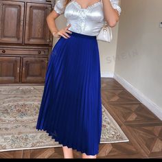 Shein Priv Solid Pleated Skirt Size: S New Without Tags Blue Pleated Midi-length Skirt, Blue Midi-length Pleated Skirt, Blue Casual Pleated Skirt, Blue Flowy Midi Pleated Skirt, Blue Flowy Midi-length Pleated Skirt, Elegant Blue Pleated Skirt For Spring, Spring Blue Pleated Midi Skirt, Spring Blue Midi Pleated Skirt, Blue Lined Midi Pleated Skirt