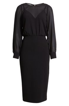 A sheer bodice lends an elegant touch to this chic dress designed with billowing sleeves. 44 1/2" length (size Medium) Jewel neck Long sleeves Partially lined 100% polyester Machine wash, dry flat Imported Evening Midi Dress With Sheer Sleeves And V-neck, Elegant V-neck Midi Dress With Elastic Sleeves, Elegant Sheer Midi Cocktail Dress, Sheer Chiffon Evening Midi Dress, Sheer Chiffon Midi Dress For Evening, Elegant Sheer Midi Dress For Evening, Elegant V-neck Dress With Mesh Sleeves, Elegant Sheer Midi Dress, Elegant Midi Dress With Sheer Sleeves For Night Out