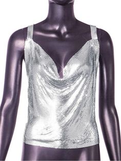 Metal halter top Silver Tank Top For Club, Silver Fitted Tank Top, Glamorous Halter Neck Summer Top, Glamorous Halter Neck Tops For Summer, Summer Party Triangle Top, Silver Halter Top For Summer Evenings, Silver Sleeveless Halter Top For Summer, Glamorous Halter Neck Tank Top For Club, Glamorous Backless Tank Top For Summer