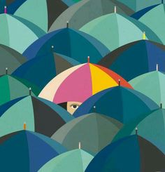 an image of a person holding a colorful umbrella in the middle of rows of umbrellas