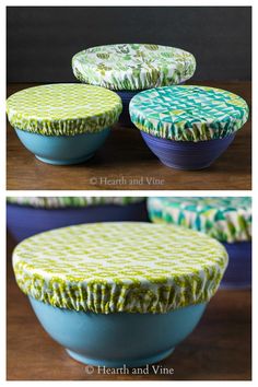 three bowls with green and blue designs on them