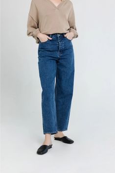 Classic barrel style denim. High waisted with a button and zip-fly closure. Material: 100% Cotton Denim Pants For Everyday Fall Wear, Everyday Denim Pants For Fall, Versatile Medium Wash Straight Leg Jeans, High Waist Denim Blue Jeans With Button Zip Fly, Classic High-waisted Dark Wash Cropped Jeans, Medium Wash Jeans With Belt Loops For Fall, Casual Straight Leg Cropped Jeans With Button Closure, Casual Cropped Jeans With Button Closure And Straight Leg, High Waist Denim Jeans With Zip Fly