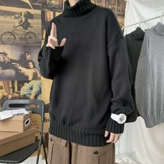 Waffle Knit Sweater Outfit, Alt Turtleneck Outfit, Old Sweater Outfits, Baggy Sweater Outfits Men, Turtleneck Outfit Men Aesthetic, Turtlenecks Aesthetic, Turtleneck Reference, Male Turtleneck Outfit, Turtlenecks Men