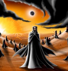 a group of people dressed in black and white are walking through the desert with an orange sky behind them