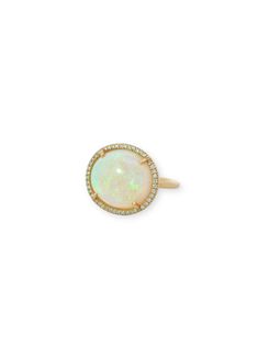 Introducing an extraordinary piece from Irene Neuwirth's One-Of-A-Kind Collection, this 18k yellow gold ring is a true masterpiece. Handcrafted with meticulous attention to detail, it showcases a mesmerizing opal weighing approximately 9 carats, surrounded by a halo of dazzling full-cut diamonds. Crafted with the utmost precision and artistry, this one-of-a-kind ring is made from 18-karat yellow gold, exuding a warm and luxurious glow. The opal, with its captivating play of colors, adds a touch of enchantment and uniqueness to the design. Surrounding the opal, the full-cut diamonds with a total weight of 0.15 carats (G-H color/VS-SI clarity) provide a brilliant frame, enhancing the opal's beauty and radiance. With a ring size of 6.5, this exquisite piece is ready to adorn your finger and m Luxury Yellow Gold Opal Ring, Luxury 14k Gold Jewelry With Halo Design, Luxury Yellow Gold Rings With Halo Setting, Exquisite Brilliant Cut Yellow Gold Halo Ring, Exquisite Yellow Gold Halo Ring With Brilliant Cut, Heirloom Yellow Gold Opal Ring With Gemstone, Exquisite Yellow Gold Opal Gemstone Ring, Luxury 14k Gold Opal Ring, Luxury Yellow Gold Opal Ring With Brilliant Cut