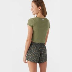 O'Neill Girl's Woven Pull-On Short 2'' Inseam Length, 10 3/4'' Rise Length Elastic Waist 100% Viscose Crepe Casual Tops With Elastic Waistband, Casual Short Tops For Beach Season, Casual Green Bottoms For Beach Season, Green Floral Print Casual Bottoms, Casual Green Floral Print Bottoms, Green Short Tops For Beach Season, Short Green Tops For Beach Season, Casual Bottoms For Warm Weather In Short Length, Casual Short Bottoms For Warm Weather