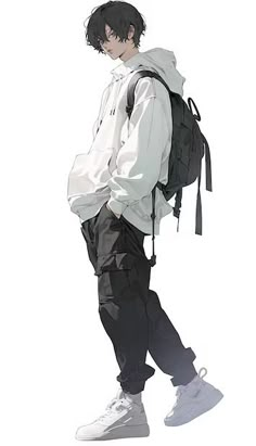 a man in white shirt and black pants with backpack