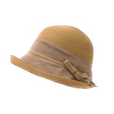 Cute fine straw summer cloche hat. Cotton ramie fabric mid-crown and brim. Asymmetrical facesaver style brim that disappears in back. Brim is straw trimmed and turned up. Shapeable, 3" wide brim. Dome crown. Small ramie and straw bow accent on side. Packable, crushable hat made for travel. Rated as excellent UPF 50+ sun protection hat. One size. 50% paperstraw, 25% cotton, 25% ramie Natural Woven Brimmed Cloche Hat, Natural Woven Cloche Hat With Short Brim, Natural Woven Short Brim Cloche Hat, Natural Straw Brimmed Cloche Hat, Beige Woven Brimmed Fedora, Lightweight Brimmed Sun Hat, Lightweight Brimmed Summer Hat, Beige Woven Fedora, Adjustable Woven Cloche Hat With Curved Brim