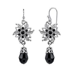 Silver Tone Black Flower Drop Earrings Beading Earrings, Fake Earrings, Bead Flower, Front Back Earrings, Flower Drop Earrings, Fake Jewelry, 1928 Jewelry, Vintage Inspired Jewelry, Costume Jewelry Earrings