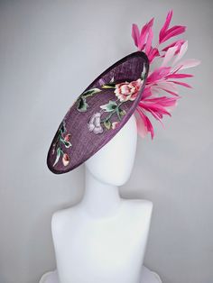 From the 2024 Featured Milliner of the Kentucky Derby Museum  Gorgeous Kentucky Derby hat fascinator  kentucky derby hat fascinator purple violet sinamay saucer with embroidered blue lavender pink green flowers with pink and blush feathers headband attachment.  each hat is totally one of a kind! no two are alike! * I can add feathers or flowers to any existing hat to help customize your look for a small fee. Message me for requests, I am happy to help!  *All hats are sold as displayed. No return Derby Hats Fascinators, Hat Fascinator, Feather Headband, Feather Flower, Kentucky Derby Hat, Lavender Pink, Blue Lavender, Derby Hat, Blue Feather