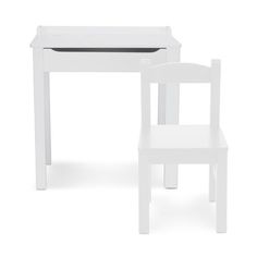 a white desk and chair sitting next to each other on a white surface with no one in it