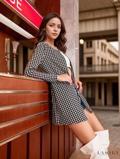 Lasaky - Classic Womens Houndstooth Button Front Blazer Jacket: Stylish, Long Sleeve Outerwear for the Modern Professional Woman Stylish Black Women, Houndstooth Fabric, Longline Jacket, Heart Clothes, Longline Coat, Houndstooth Jacket, Open Front Jacket, White Houndstooth, Houndstooth Pattern