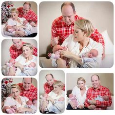 a man and woman are holding their baby in the same family's photo collage