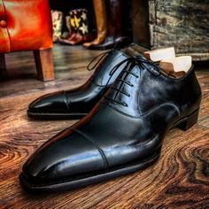 Handmade Classic Black French Calf Oxford Dress Shoes For Men on Storenvy Fitted Black Leather Shoes For Semi-formal Occasions, Goodyear Welted Lace-up Business Shoes, Black Closed Toe Lace-up Shoes For Semi-formal Occasions, Black Cap Toe Lace-up Shoes For Office, Black Lace-up Business Shoes With Closed Toe, Fitted Black Lace-up Shoes For Derby, Black Closed Toe Lace-up Business Shoes, Fitted Cap Toe Boots For Office, Black Closed Toe Lace-up Shoes For Business