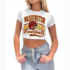 Washington Football Baby Tee Crop Top, Washington Shirts, Womens Washington T-Shirts Elevate your game day style with this Washington Football Crop Top, made with 57% Cotton, 38% Recycled Polyester, and 5% Spandex for a comfortable and flattering fit. Show your team spirit in this trendy shirt that pairs perfectly with your favorite jeans or shorts.  To keep it looking its best, be sure to wash inside out in cool water for optimal results. Get ready to cheer on your team in style! Please allow 6 to 7 days for shipping and delivery, feel free to message me with any questions, thanks! Washington Football, Football Baby, Trendy Shirts, Tube Top, Infant Tees, Favorite Jeans, Washington, Womens Clothing Tops, Crop Tops