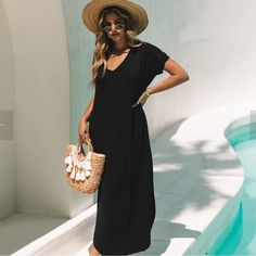 Womens Summer Dress Long Dress Casual Loose Maxi Dresses Beach Outfit 2024 Resort Hawaiian New Casual Short Sleeve Maxi Dress For Beach Season, Casual Midi Dress For Vacation Brunch, Casual Maxi Dress For Brunch On Vacation, Black Casual Beach Midi Dress, Elegant V-neck Vacation Dresses, Chic Short Sleeve Maxi Dress For Beach Season, Casual Short Sleeve Maxi Dress For Vacation, Black Summer Beachwear Dress, Black V-neck Beach Dress For Summer