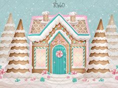 a christmas card with a gingerbread house in the snow