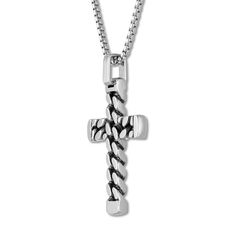 Crafted of stainless steel, this distinctive men's cross necklace features a curb chain design. The 24-inch box chain fastens with a lobster clasp. Silver Cross Chain For Men, Mens Cross Pendant, Silver Cross Curb Chain Necklace, Silver Cross Necklace With Curb Chain, Silver Cross Chain Necklace With Curb Chain, Silver Curb Chain Necklace With Cross Pendant, Stainless Steel Cross Necklace With Curb Chain, Silver Cross Chain, Chain Cross Necklace