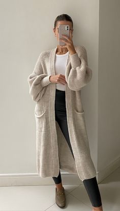 Elegant Beige Soft Knit Cardigan, Long Sweater Coat For Fall Workwear, Elegant Open Front Cardigan For Fall, Long Winter Workwear Cardigan, Chic Long Sleeve Neutral Cardigan, Chic Neutral Long Sleeve Cardigan, Chic Taupe Cardigan For Fall, Elegant Long Coat Style Cardigan, Trendy Open Front Sweater Coat For Work