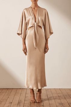 La Lune Tie Front Bias Midi Dress | Gold | Dresses | Shona Joy – Shona Joy International Champagne Midi Dress, Shona Joy Dress, Gold Midi Dress, Pinterest Trends, White Chic, Shona Joy, Mid Length Sleeves, Silk Touch, Dress Gold