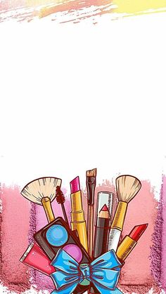 an artistic illustration of makeup brushes and cosmetics