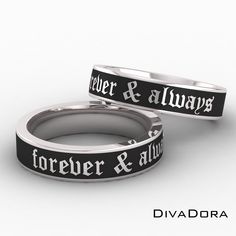 two wedding bands with the words forever and always engraved on them in white gold or silver