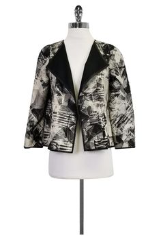 Current Boutique-Lafayette 148 - Abstract Print Open Jacket Sz P Chic Printed Blazer For Fall, Chic Printed Outerwear For Fall, Chic Printed Fall Blazer, Chic Fitted Printed Blazer, Chic Printed Spring Blazer, Printed Blazer For Workwear In Fall, Chic Printed Spring Outerwear, Fitted Printed Outerwear For Fall, Modern Black Spring Blazer