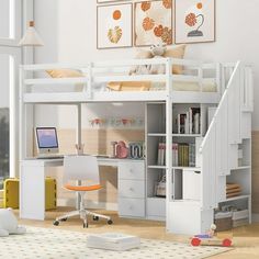 a white loft bed with desk underneath it and stairs leading up to the upper level