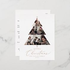 a merry christmas card with photos in the shape of a tree on top of it