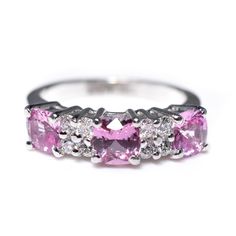 14kt White Gold Pink Sapphire & Diamond Ring Pink 14k White Gold Jewelry With Center Stone, Elegant Pink Multi-stone Rings, Formal Pink 14k White Gold Jewelry, Classic Pink Platinum Jewelry, Exquisite Pink Sapphire Ring With Prong Setting, Luxury Pink Sapphire Ring In White Gold, Classic Multi-stone Princess Cut Rings, Exquisite Pink Sapphire Ring, Elegant Hallmarked Pink Diamond Ring