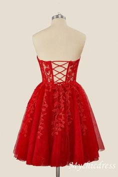 A-Line Red Homecoming Dresses Lace Appliques Short Dama Dress – MyChicDress A-line Homecoming Dress With Lace Bodice, Formal Lace A-line Mini Dress, Homecoming A-line Dress With Lace Bodice, Red Party Dress With Lace-up Back, Red Mini Dress With Corset Back, Lace Knee-length Prom Mini Dress, Lace Knee-length Mini Dress For Prom, Knee-length Lace Mini Dress For Prom, A-line Lace Mini Dress With Patchwork