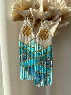 Adjustable Beaded Chain Earrings For Beach, Beaded Chain Dangle Earrings For Beach, Dangle Beaded Earrings For Beach, Adjustable Beaded Chain Earrings For Summer, Beach Style Tiny Beads Earrings, Beach Earrings With Tiny Round Beads, Turquoise Beaded Earrings For Gifts, Turquoise Earrings With Beaded Chain, Turquoise Earrings With Beaded Chain And Round Beads