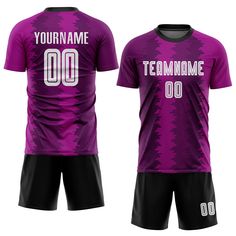 purple soccer jersey with black shorts and name on the chest, front and back view