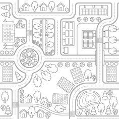 a black and white city map with roads, houses and trees in the background stock photo