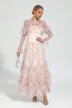 The Clapham Pink Mesh Floral Dress is a meticulously crafted, elegant gown that exudes European court-style charm. This exquisite dress features a blend of fine mesh fabric, intricate floral patterns, and sparkling sequins. The perfect choice for refined gatherings, this unique and sweet outfit will make you stand out at any formal occasion, be it a party or a grand banquet.  Dress Length: Approx 140cm Materials: Polyester Gentle Dry Clean Only  The model is 5 ft 7 and wears size S  Color may va Mesh Floral Dress, Long Dress Plus Size, Vintage Long Dress, Banquet Dress, Gowns Of Elegance, Wardrobe Style, Trendy Dresses, Latest Fashion For Women, Xl Dress