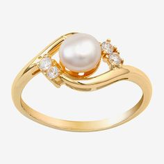 Add this silver treasures 14K gold over silver cultured freshwater pearl and Cubic Zirconia ring to your jewelry collection today! Ring is crafted in 14K gold over silver, features beautIful sparkling Cubic Zirconia and cultured freshwater pearl stones and is available in sizes 7 or 8. Wearing this ring with any wardrobe choice will add a bold statement. Wipe ring clean with a soft cloth.Pearl Type: Cultured Freshwater PearlsRing Style: Promise RingsFeatures: Nickel FreeStone Cut: RoundMetal Col Gold Pearl Wedding Rings, Pearl Promise Rings, Amethyst Jewelry Ring, Pearl Ring Design, Pearl Wedding Ring, Silver Promise Rings, Rings Promise, Amethyst Jewelry, Cubic Zirconia Rings