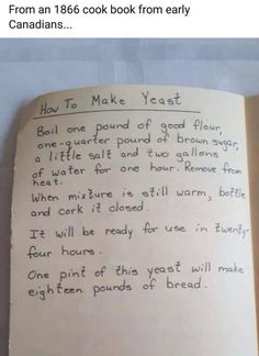 an open book with writing on it that says, how to make yeast from early americans