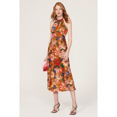 Multicolored floral satin (100% Polyester). Lining (100% Polyester). Slip. Sleeveless. Halter neck. Back zipper closure. 54" from shoulder to hemline. Imported. Spring Satin Sleeveless Maxi Dress, Floral Print Halter Neck Midi Dress For Date Night, Sleeveless Satin Midi Dress For Spring, Sleeveless Satin Dress For Garden Party, Spring Sleeveless Satin Midi Dress, Spring Silk Halter Neck Midi Dress, Sleeveless Silk Midi Dress For Garden Party, Sleeveless Satin Printed Dress, Summer Satin Dresses With Floral Print