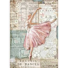 a painting of a ballerina in pink and white, with words on the background