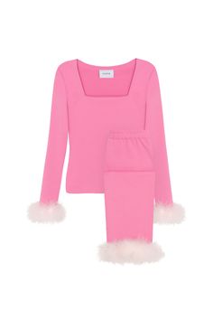 This sleek knitted set can be worn day and night. The Weekend Chic Set features one of the most iconic Sleeper silhouettes in Pink. Thoroughly chic yet modernly practical, the set is even equipped with detachable fuzzy cuffs at the ankles and wrists. Product Details 100% recycled polyester and feathers. Handcrafted in Ukraine. Care Instructions Take off feathers before wash. Dry-clean or machine wash cold on delicate cycle. Use a detergent for delicate fabrics. Do not bleach. Do not tumble dry. Chic Stretch Sets For Loungewear, Elegant Fitted Loungewear Sets, Chic Fitted Loungewear Sets, Chic Stretch Winter Set, Chic Winter Loungewear Sets, Chic Stretch Sets For Winter, Elegant Winter Loungewear Sets, Cute Pjs, Outfit Collage