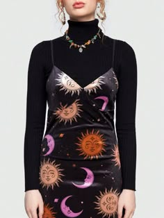 Astrologers Sun & Moon Print Cami Dress Astrology Inspired Outfits, Celestial Whimsigoth Outfit, Celestial Witch Outfit, Boho Witchy Outfits, Black Witch Outfit, Celestial Aesthetic Clothes, Witchy Clothes Aesthetic, Astrology Outfits, Planet Outfit