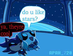 two cartoon characters are talking to each other in front of a window with the words do u like stars?