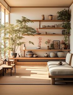 a living room filled with lots of furniture and plants on top of shelves next to windows