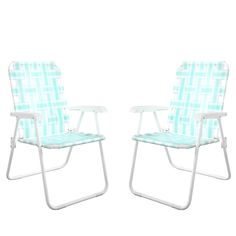 two lawn chairs sitting next to each other in front of a white background with blue squares on them