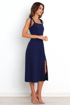 Laurel Dress - Navy - Petal & Pup USA Fitted Midi Dress With Tie Back And Straight Neckline, Chic Midi Length Dresses With Straps, Elegant Square Neck Midi Dress With Tie Back, Straight Neckline Dress With Tie Back For Date Night, Adjustable Straps Midi Dress For Date Night, Fitted Square Neck Midi Dress With Tie Back, Midi Dress With Adjustable Straps For Brunch, Midi Length Dresses With Straps For Brunch, Midi Length Suspender Dress For Date Night