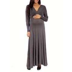 This lovely maternity maxi dress by 24/7 Comfort Apparel features a faux wrapped effect at the bodice, creating a feminine V-neck for a sensual but classy look. Slight stretch in construction, an empire waist, and long gradually fitted sleeves give this pull-on dress a flattering, comfortable fit for any and all body types. Easily dressed up or down, this versatile piece is perfect in any wardrobe Size: 3X. Color: Gray. Gender: female. Age Group: adult. Fall Maternity Maxi Dress, Fitted Maternity Dress With Surplice Neckline, Maternity Maxi Dress In Solid Color, Fitted V-neck Maternity Maxi Dress, Fitted V-neck Maxi Dress For Maternity Wear, Elegant Long Sleeve Maternity Maxi Dress, Solid V-neck Maternity Dress, Chic Flowy V-neck Maternity Dress, Elegant Long Sleeve Maxi Dress For Maternity