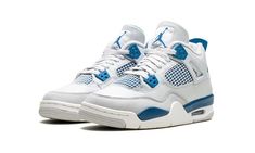 The Air Jordan 4 GS "Military Blue" is the youth sizing of an original colorway of Michael Jordan’s fourth signature shoe that was re-released in May 2024.  The Jordan 4 “Military Blue” is one of the retro basketball sneaker’s original colorways, and one of its rarest, too.  The style was only released twice before, in 1989 and 2006, until it was brought back in 2024.  The modern version of the “Military Blue” remains faithful to the original look, in that it features the same shape, color block, and “Nike Air” branding as the ‘89 version.  The shoe has a white leather upper with a Neutral Grey overlay on the toe.  Additional Neutral Grey accenting appears on the lace holder “wings. ” White netting is layered over Military Blue mesh on the mid-panel and tongue.  More Military Blue accentin Air Jordan 4 Military Blue, Military Blue 4s Outfit, Blue Jordan 4’s, White And Blue Jordans, Jordan 4s Blue, Air Jordan 4 Retro Blue, Shoes Jordan 4s, Jordan Fours, Jordan 4 Blue