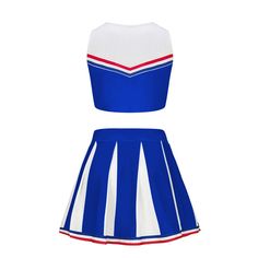 a blue and white dress with red stripes on the bottom, and an attached top